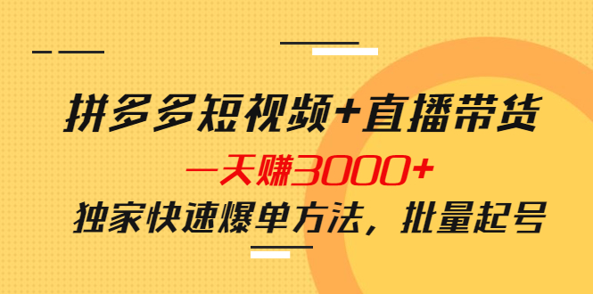 拼多多短视频+直播带货，一天赚3000+独家快速爆单方法，批量起号-云网创资源站