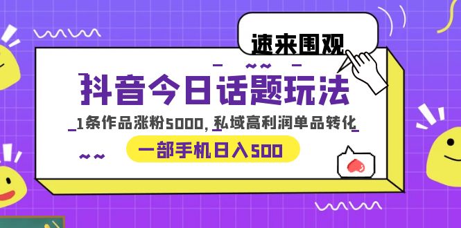 抖音今日话题玩法，1条作品涨粉5000，私域高利润单品转化 一部手机日入500-云网创资源站