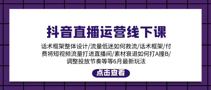 抖音直播运营线下课：话术框架/付费流量直播间/素材A撞B/等6月新玩法-云网创资源站